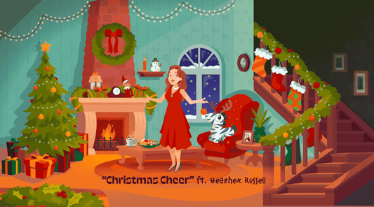 Image of a cartoon woman in her living room with pet zebra on christmas