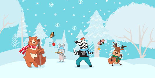Image of several cartoon animals all playing together in the snow